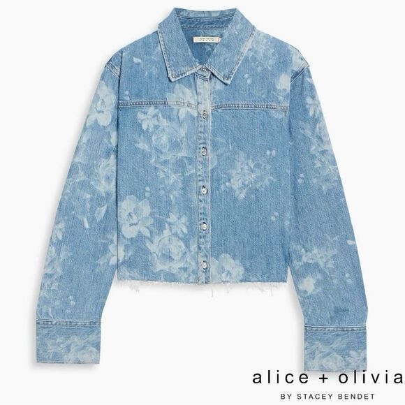 Alice + Olivia **NWT** Finley Raw Hem Button Down Denim Shirt in Lotus Floral - Picture 8 of 12